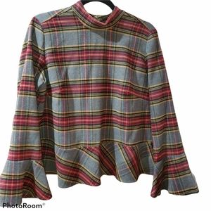 Madewell BP Plaid Peplum Long Bell Sleeve Top M
